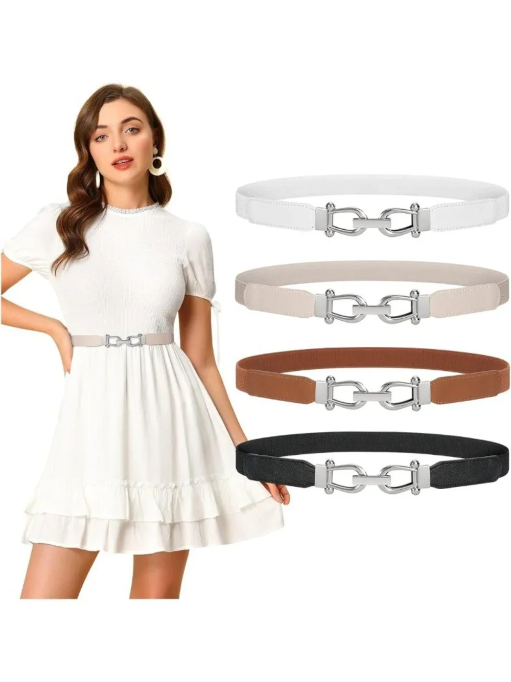 Set of 4 Retro Skinny Stretch Waist Belts for Dresses with Gold Buckle